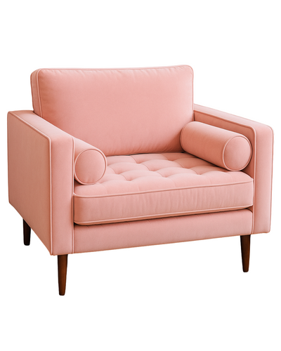 Sillón de un cuerpo estilo escandinavo en color rosa pastel, con patas de madera inclinadas y diseño minimalista, sobre fondo blanco