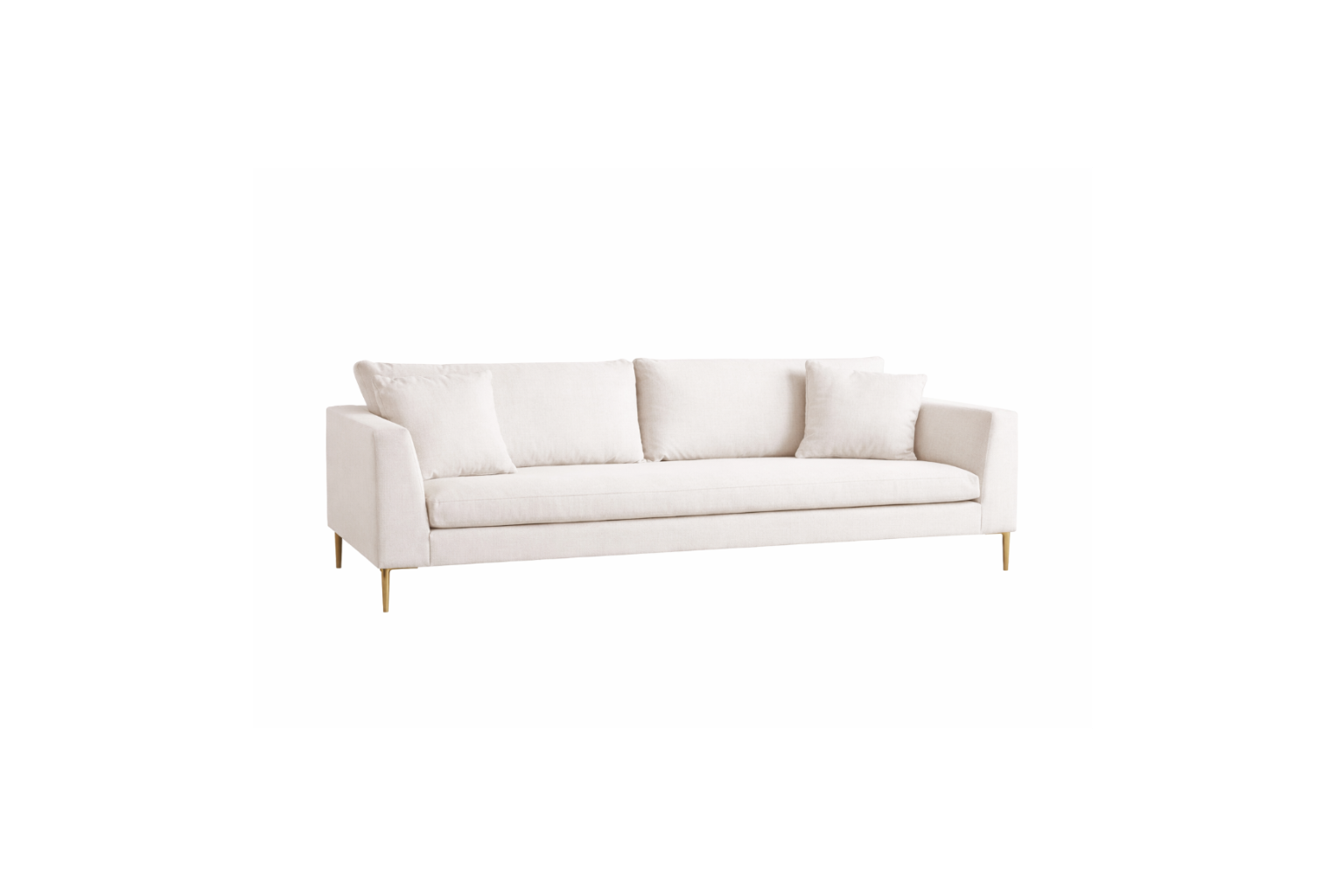 Sillón Bélgica de dos cuerpos con estructura recta, patas metálicas doradas finas, respaldo con almohadones sueltos y diseño atemporal. Estilo minimalista y acogedor.