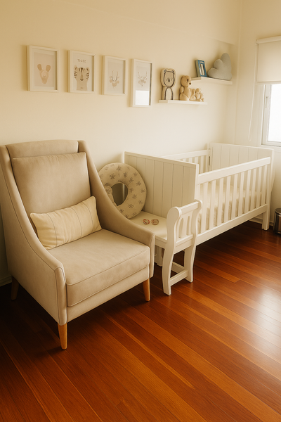 Sillón de diseño alto en tono beige con almohadón claro, ubicado en un cuarto infantil junto a una cuna blanca de madera