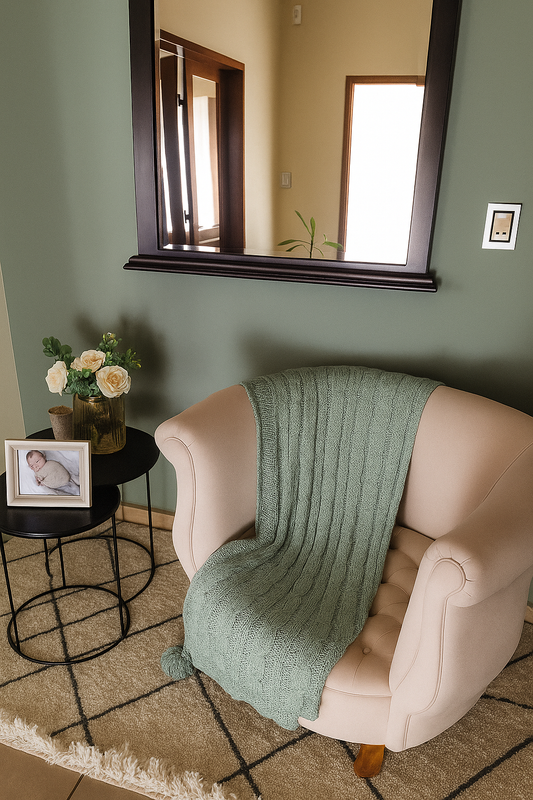 Rincón decorativo con sillón individual beige de estilo clásico, manta tejida verde agua, mesa auxiliar negra con flores blancas y portarretratos, sobre alfombra clara con líneas geométricas