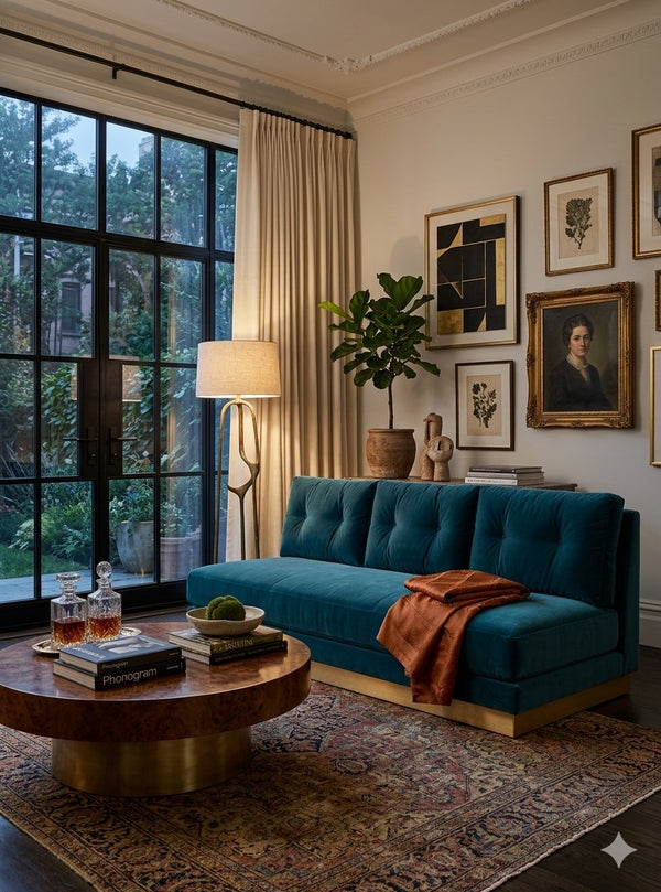 Sofá Cardiff tapizado en terciopelo verde azulado con base dorada en un elegante living con ventanal de hierro negro - Tienda de Banquitos