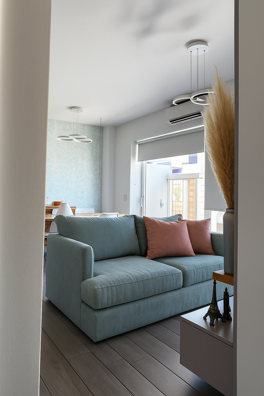 un sillón Elton a medida en color cielo, logrando una pieza única y personalizada. Para completar el ambiente, lo combinó con almohadones Waffle en tono rosa pastel, aportando calidez y frescura al espacio.