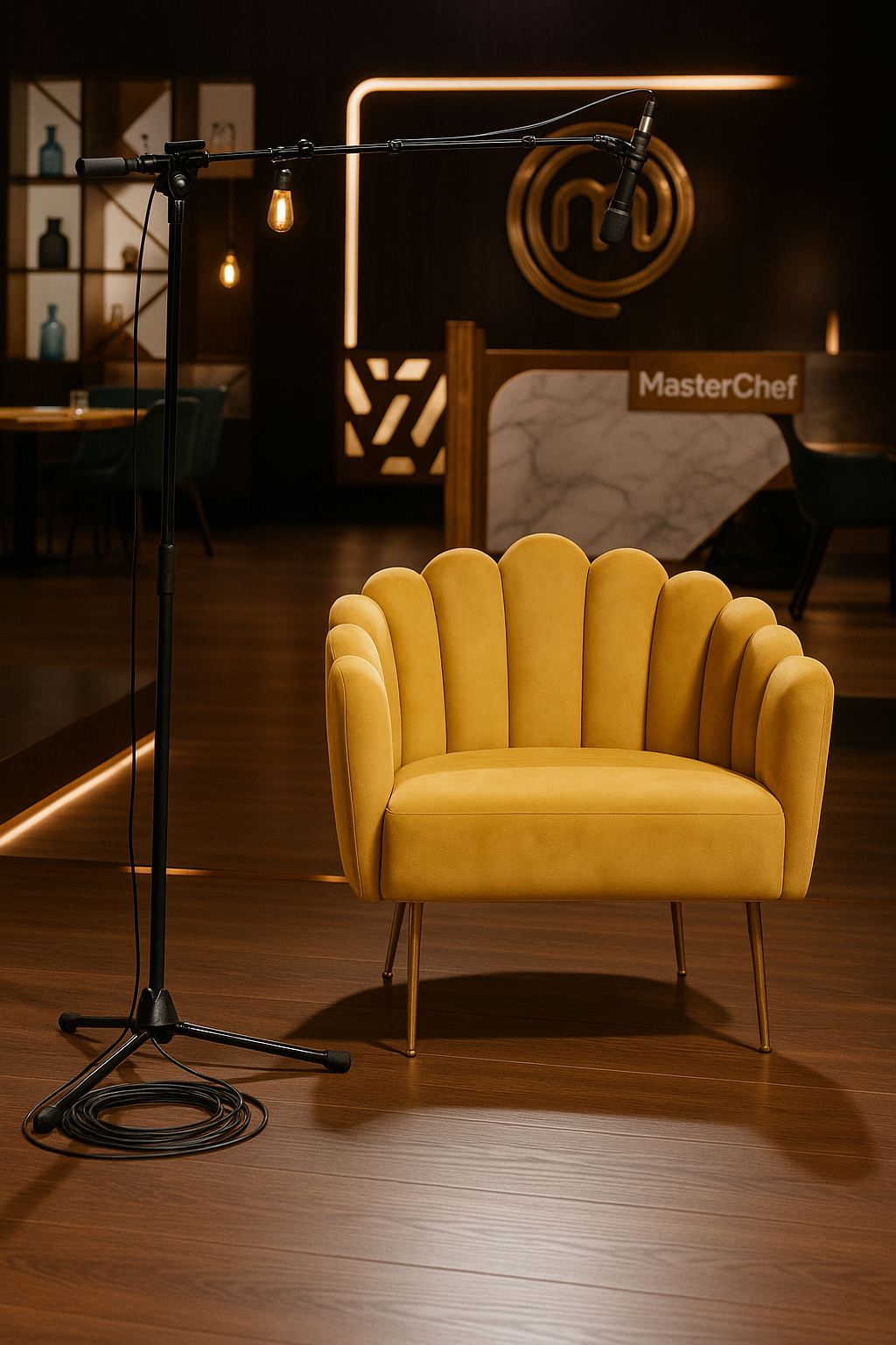 Sillón individual de diseño moderno con respaldo y brazos en forma de concha o pétalos, tapizado en terciopelo amarillo mostaza. Las patas delgadas de metal en acabado dorado complementan su estilo elegante y contemporáneo