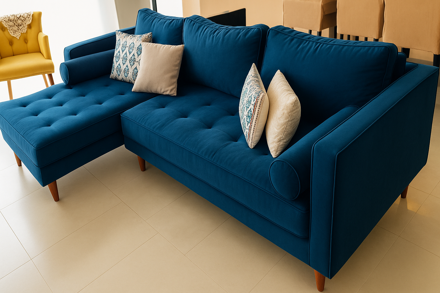 “Sillón azul con respaldo capitoné, destacado en el centro de la imagen.”