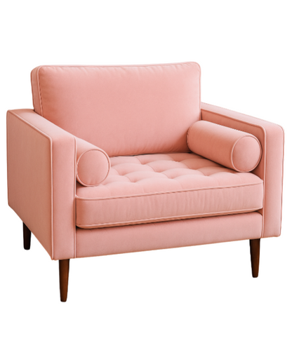 Sillón de un cuerpo estilo escandinavo en color rosa pastel, con patas de madera inclinadas y diseño minimalista, sobre fondo blanco