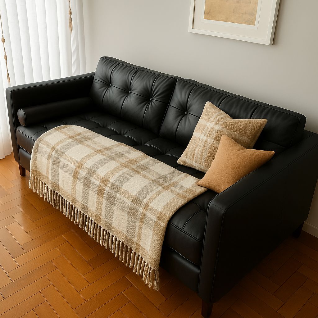 Sofá de dos cuerpos tapizado en cuero negro con capitoné en el respaldo, acompañado por almohadones en tonos tierra y una manta a cuadros beige que aporta calidez y estilo al ambiente."