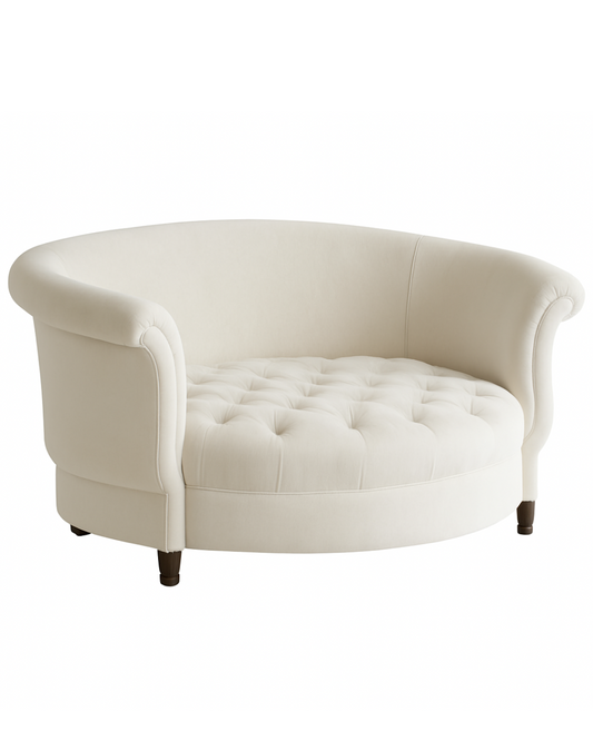 Sillón redondo de estilo elegante en color crema, con respaldo curvo envolvente, apoyabrazos enrollados y asiento capitoné, patas cortas de madera.