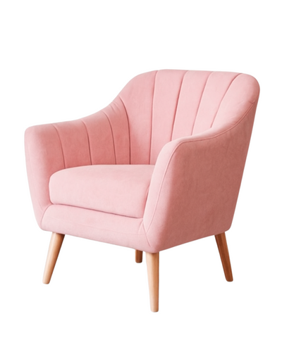Sillón de un cuerpo modelo Collin en color rosa pastel, con patas de madera natural, respaldo bajo y diseño minimalista, sobre fondo blanco