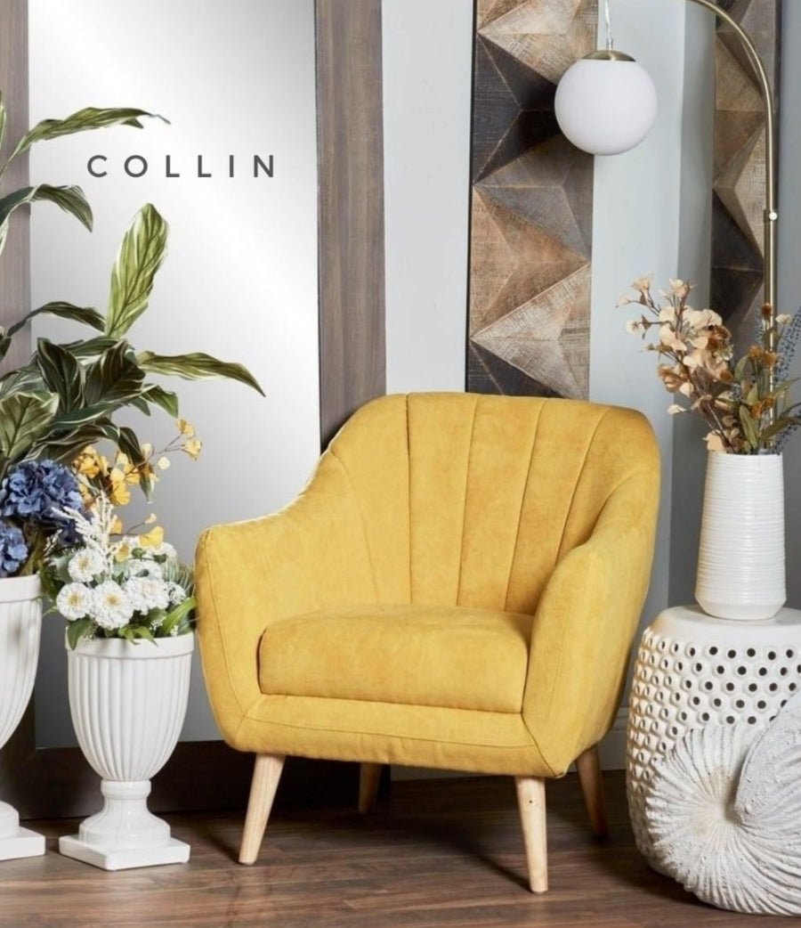 Sillón Collin un cuerpo en color amarillo, vista lateral, tapizado a medida y patas de madera, Tienda de Banquitos