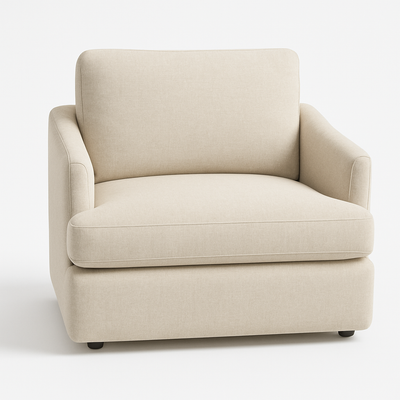 Sillón individual color crema con diseño moderno, apoyabrazos curvos y respaldo acolchado.