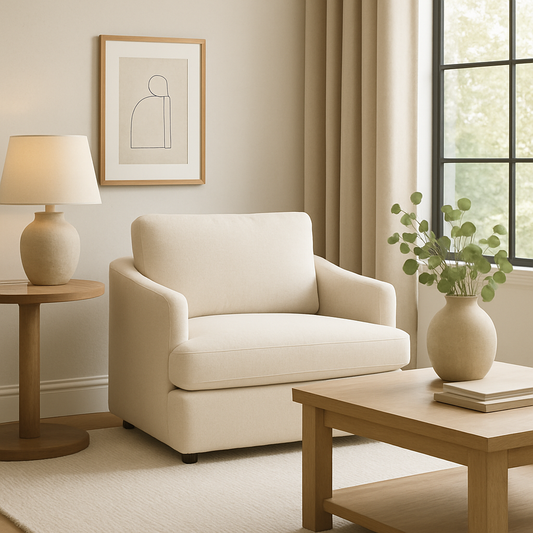 Sillón individual color crema con diseño moderno, apoyabrazos curvos y respaldo acolchado.