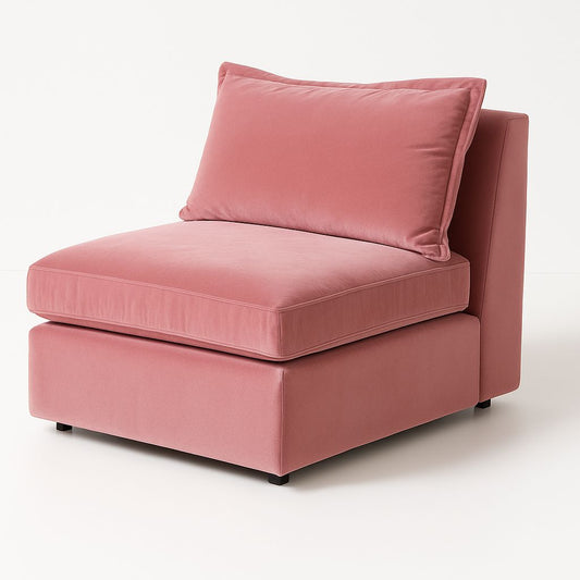 Módulo de sillón individual sin apoyabrazos en pana color rosa, con asiento ancho y almohadón de respaldo suelto, patas cortas negras y diseño moderno, sobre fondo blanco.