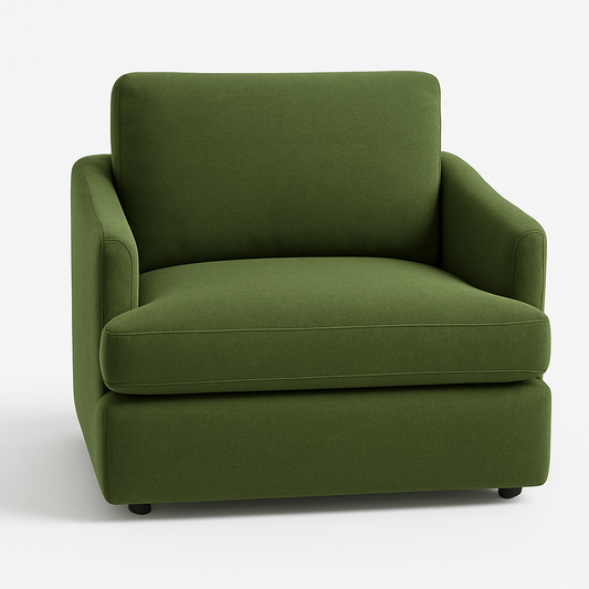 Sillón individual color verde con diseño moderno, apoyabrazos curvos y respaldo acolchado.