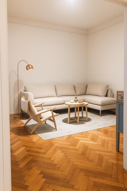 Sillón esquinero en tono beige claro con diseño moderno y cojines amplios, ubicado sobre una alfombra gris en un living minimalista con piso de parquet en espiga. Frente al sillón hay una mesa baja redonda de madera clara y a un costado una lámpara de pie con pantalla metálica en color cobre.