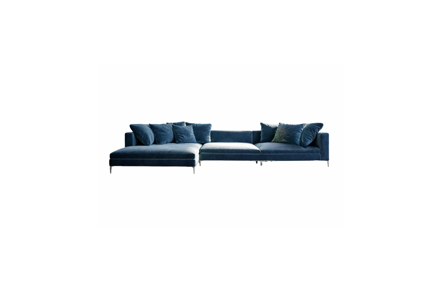 Sillón esquinero amplio en terciopelo azul profundo, respaldo mullido y diseño contemporáneo. Sofisticación y confort en un solo mueble.