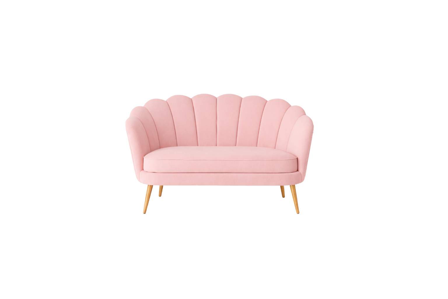 Sofá Florencia de dos cuerpos tapizado en terciopelo rosa pastel, respaldo acanalado y patas de madera - Tienda de Banquitos