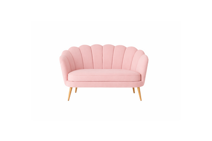 Sofá Florencia de dos cuerpos tapizado en terciopelo rosa pastel, respaldo acanalado y patas de madera - Tienda de Banquitos