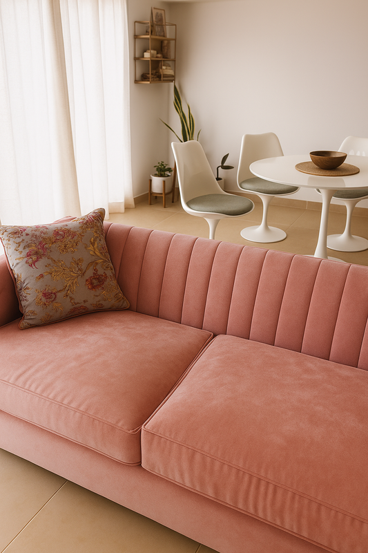 Sillón de terciopelo rosa pastel con diseño moderno de líneas verticales en el respaldo, acompañado por un cojín estampado floral en tonos suaves, ubicado en un espacio luminoso y minimalista.