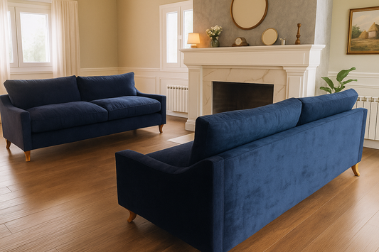 Dos sillones de terciopelo azul marino enfrentados sobre un piso de madera, acompañados por una chimenea blanca decorada con espejos redondos, un florero, lámpara y elementos ornamentales que aportan calidez al ambiente.