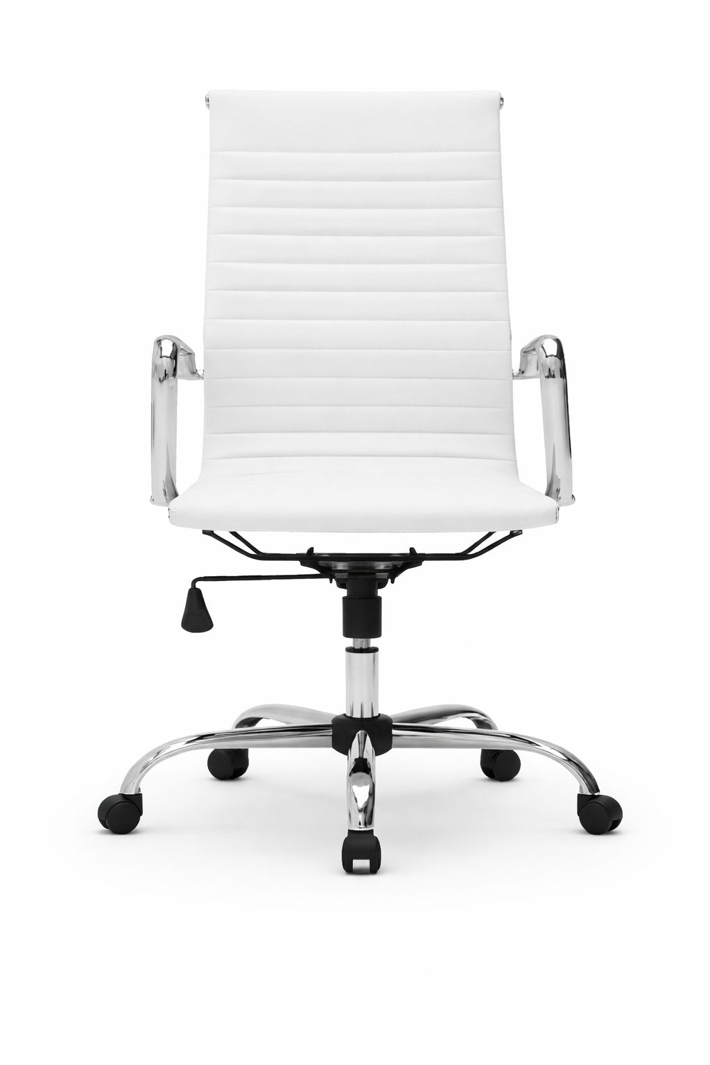Silla gerencial ALUMINA tapizada en ecocuero blanco con apoyabrazos cromados y base giratoria – TDB Archivos Activos