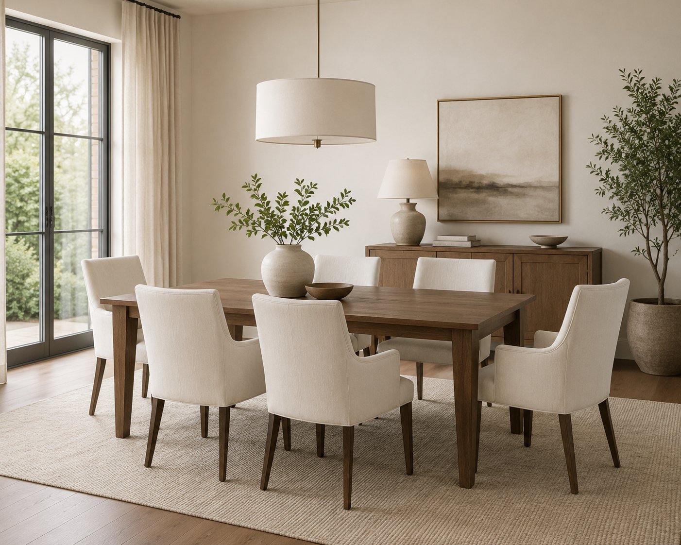 Sillas de comedor tapizadas con estructura de madera, ideales para acompañar mesas de comedor en espacios modernos y elegantes.