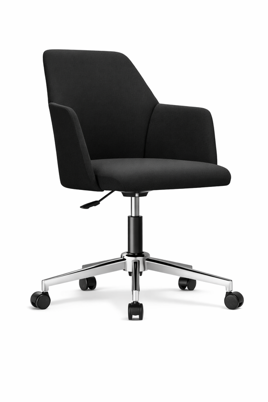 Silla Meeting Belle tapizada en color negro, con respaldo ergonómico, apoyabrazos integrados y base giratoria cromada con ruedas, ideal para oficina o sala de reuniones.
