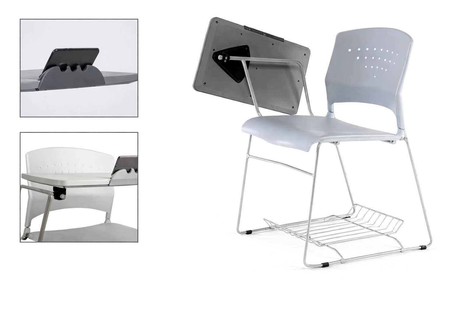 Silla Bora Pupitre con escritorio incorporado, estructura metálica y asiento ergonómico, ideal para capacitación, educación y espacios laborales.