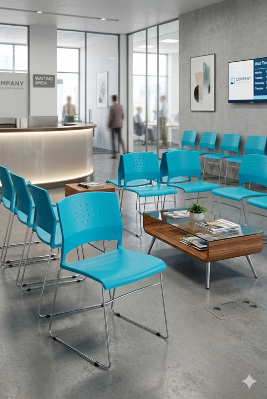 Silla Bora con asiento y respaldo plástico perforado y base metálica tipo trineo, diseño moderno para salas de reunión.