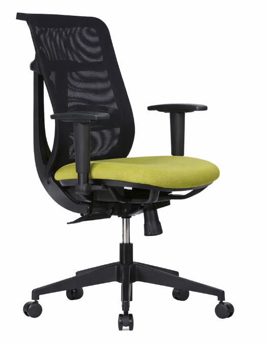 Silla operativa Flexor con respaldo de malla, asiento tapizado y apoyabrazos, vista frontal y posterior.
