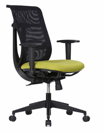 Silla operativa Flexor con respaldo de malla, asiento tapizado y apoyabrazos, vista frontal y posterior.