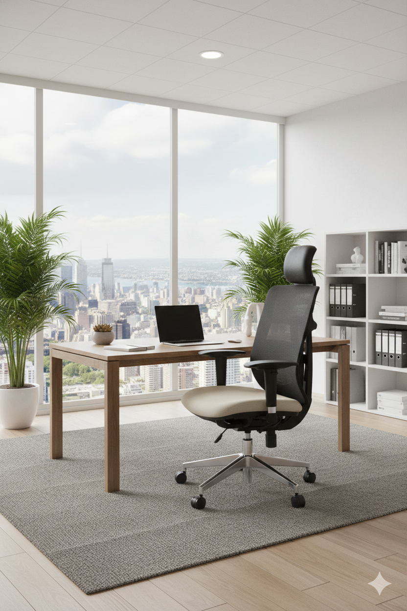 Silla gerencial FLEXOR con respaldo de malla negra, apoyo cervical y asiento tapizado claro.
