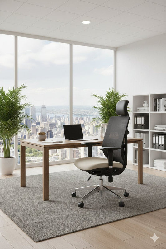Silla gerencial FLEXOR con respaldo de malla negra, apoyo cervical y asiento tapizado – TDB Archivos Activos