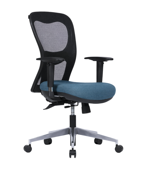 Silla operativa HANSEN con respaldo de malla gris, asiento tapizado azul y base giratoria con ruedas.