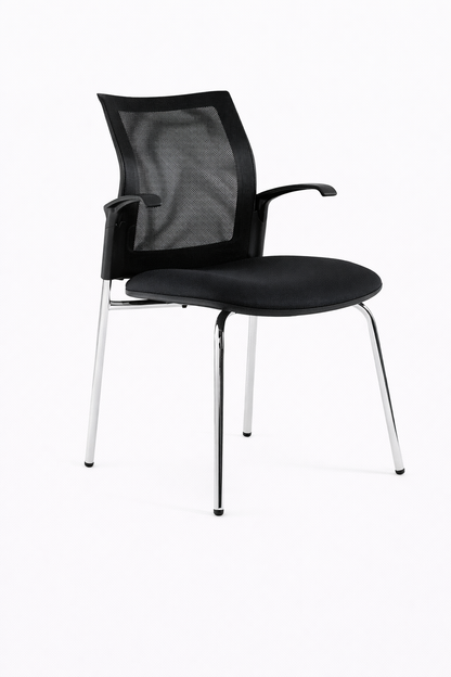 Silla Logical con respaldo en malla, asiento tapizado, apoyabrazos y estructura metálica de cuatro patas, diseño moderno para oficina.