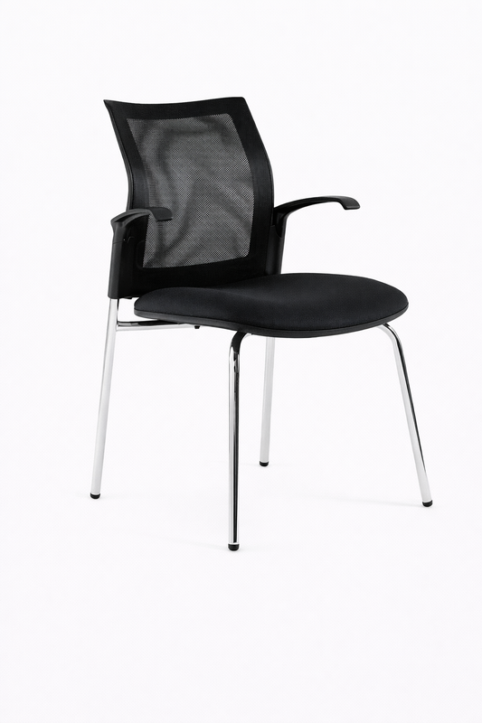 Silla Logical con respaldo en malla, asiento tapizado, apoyabrazos y estructura metálica de cuatro patas, diseño moderno para oficina.