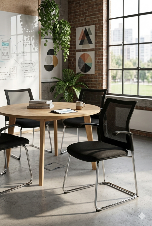 Silla Logical con respaldo en malla, asiento tapizado, apoyabrazos y estructura metálica de cuatro patas, diseño moderno para oficina.