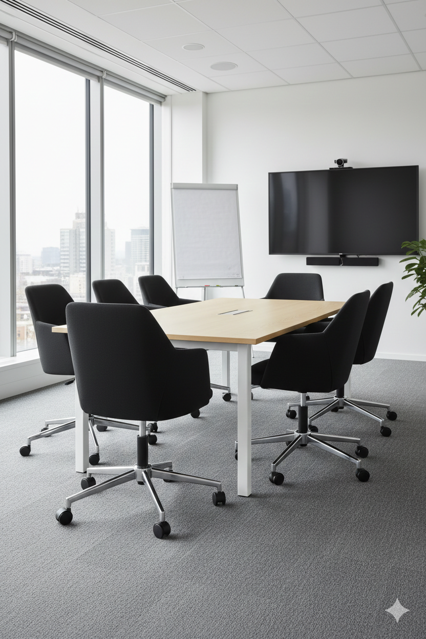 Silla Meeting Belle tapizada en color negro, con respaldo ergonómico, apoyabrazos integrados y base giratoria cromada con ruedas, ideal para oficina o sala de reuniones.