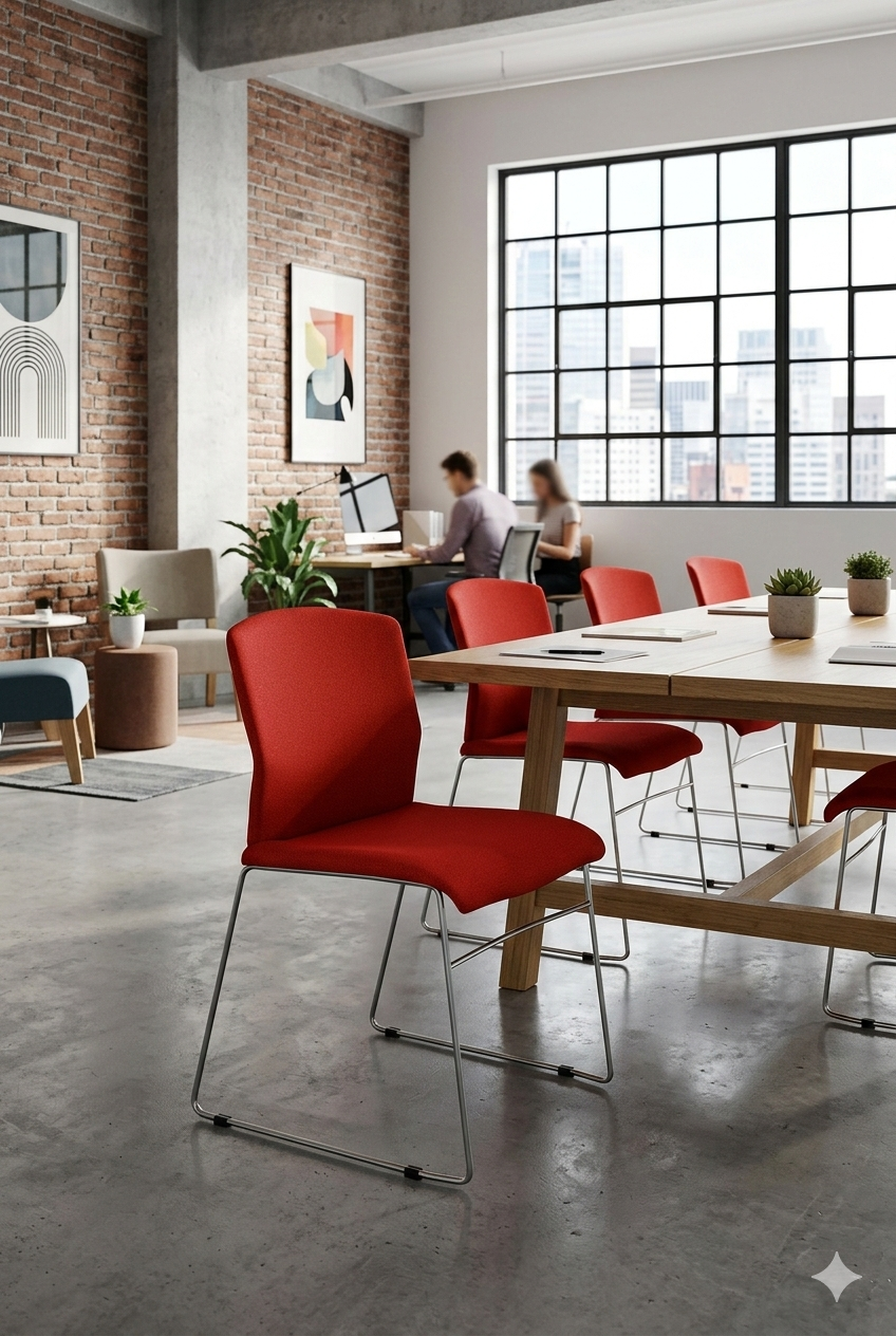 Silla Meeting Bora Tapiz en color rojo, con asiento y respaldo tapizados y estructura metálica de líneas simples, ideal para sala de reuniones.