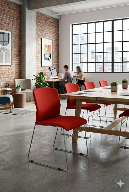 Silla Meeting Bora Tapiz en color rojo, con asiento y respaldo tapizados y estructura metálica de líneas simples, ideal para sala de reuniones.