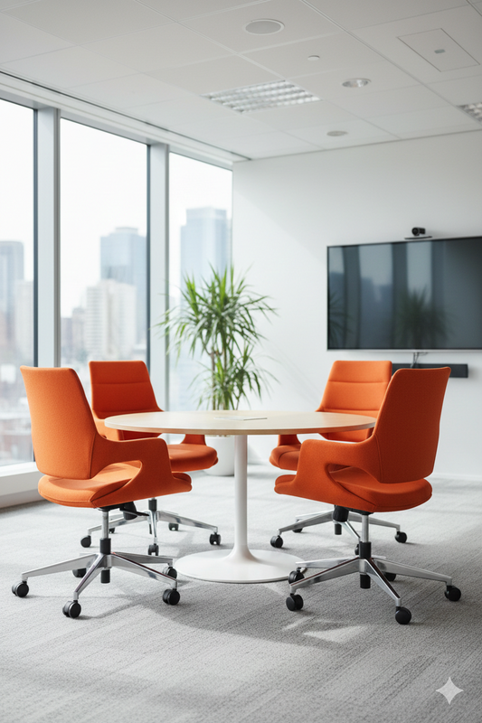 Silla Meeting Cosmos Advance tapizada en color naranja, con respaldo ergonómico, apoyabrazos integrados y base giratoria metálica con ruedas, ideal para oficina o sala de reuniones.