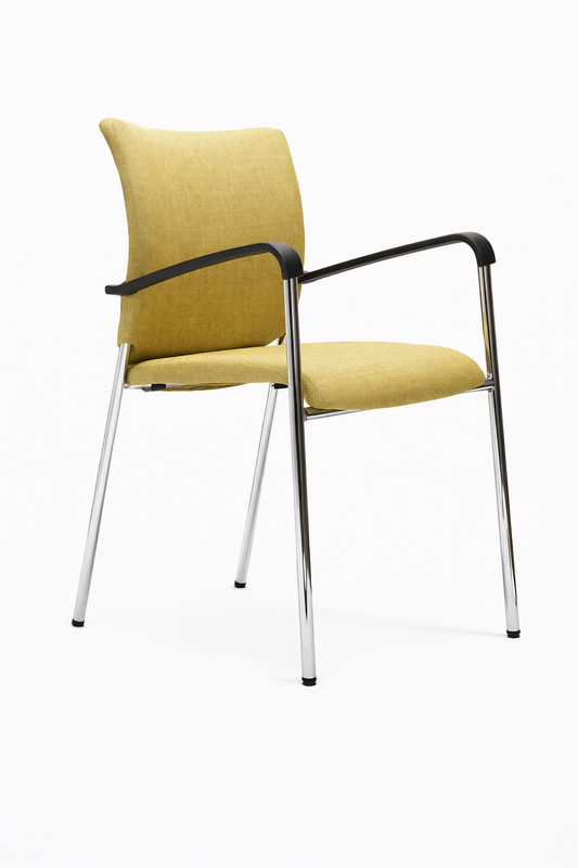 Silla Meeting Mariner Tapiz en tono amarillo, con asiento y respaldo tapizados, apoyabrazos negros y estructura metálica cromada.