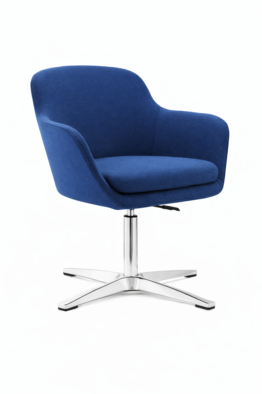 Silla Meeting Moon tapizada en color azul, con diseño envolvente y base giratoria metálica de cuatro patas, ideal para oficina o sala de reuniones modernas.