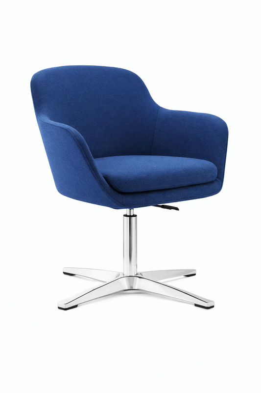 Silla Meeting Moon tapizada en color azul, con diseño envolvente y base giratoria metálica de cuatro patas, ideal para oficina o sala de reuniones modernas.
