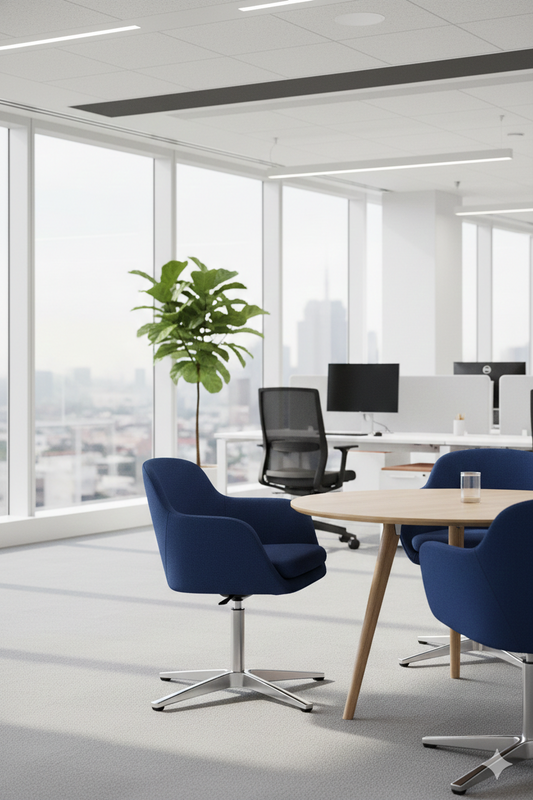 Silla Meeting Moon tapizada en color azul, con diseño envolvente y base giratoria metálica de cuatro patas, ideal para oficina o sala de reuniones modernas.