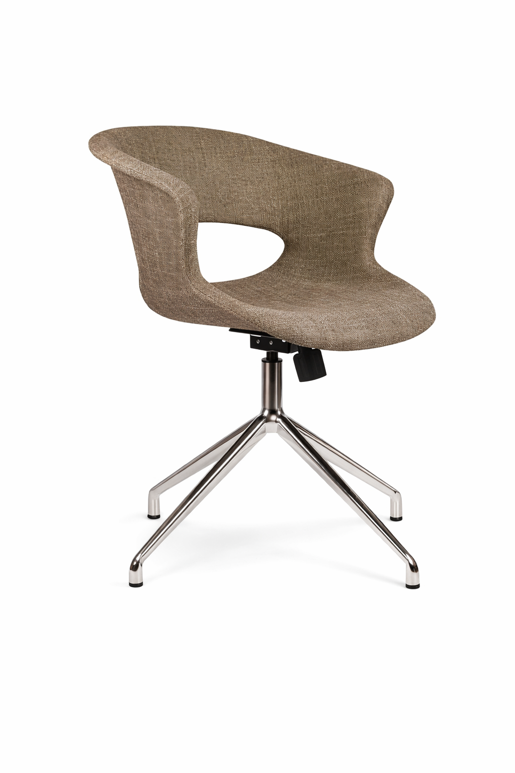 Silla Meeting Murray tapizada en tono neutro con base giratoria metálica cromada de cuatro patas, diseño moderno y ergonómico ideal para oficina o sala de reuniones.