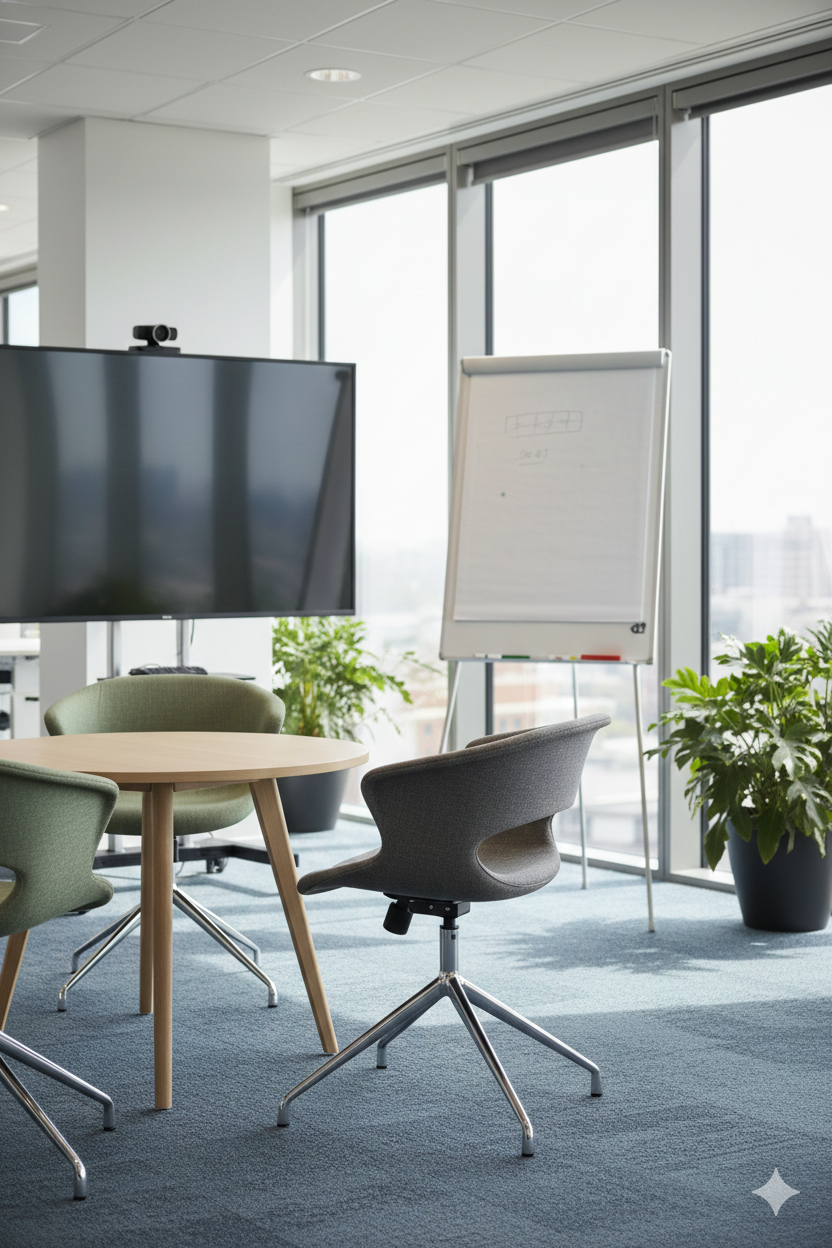 Silla Meeting Murray tapizada en tono neutro con base giratoria metálica cromada de cuatro patas, diseño moderno y ergonómico ideal para oficina o sala de reuniones.