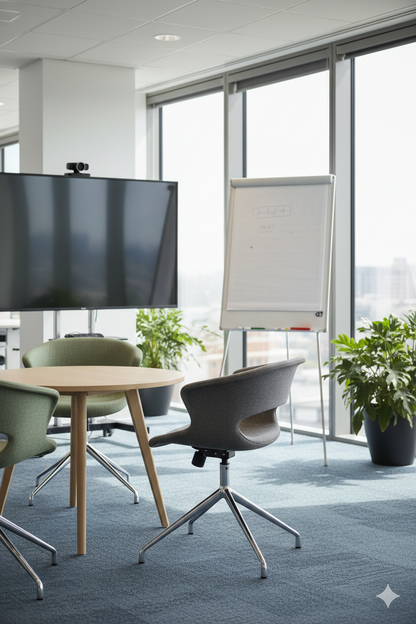 Silla Meeting Murray tapizada en tono neutro con base giratoria metálica cromada de cuatro patas, diseño moderno y ergonómico ideal para oficina o sala de reuniones.