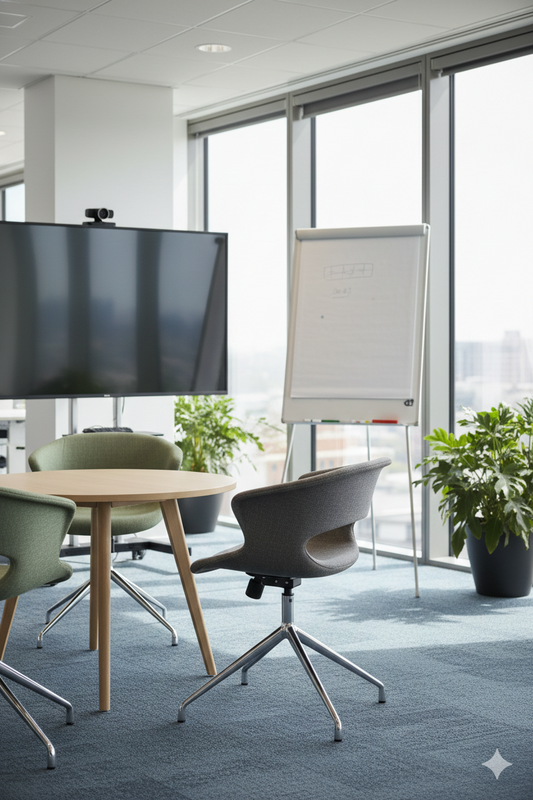 Silla Meeting Murray tapizada en tono neutro con base giratoria metálica cromada de cuatro patas, diseño moderno y ergonómico ideal para oficina o sala de reuniones.