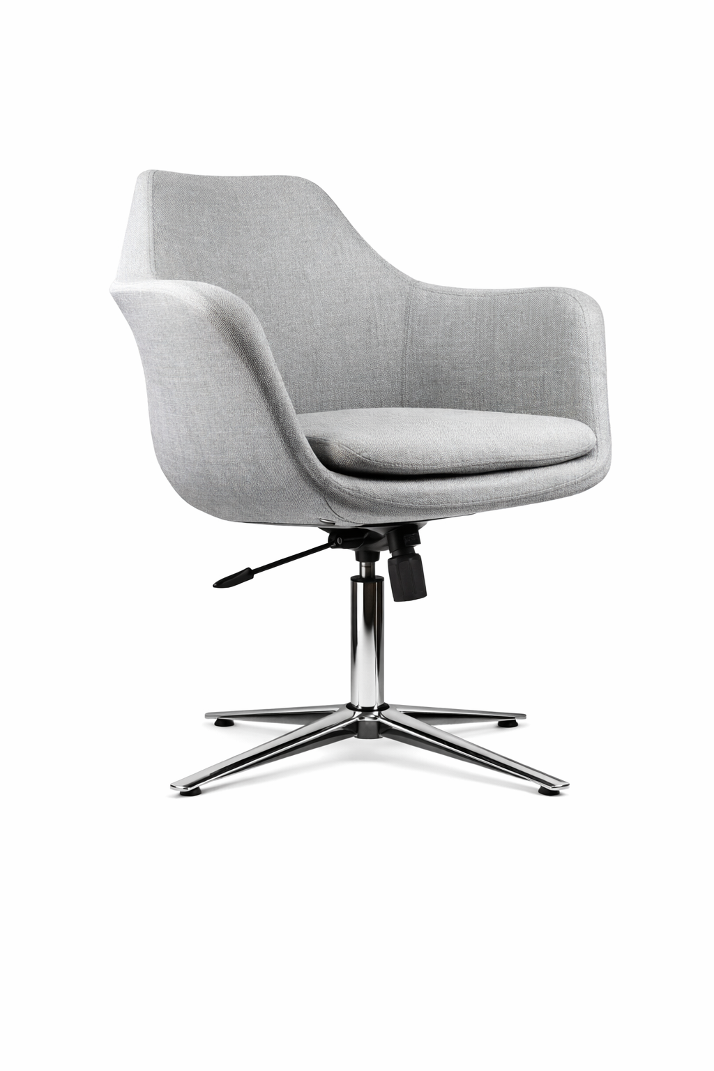 Silla Meeting Pearson tapizada en color gris claro, con diseño envolvente y apoyabrazos integrados, base giratoria metálica de cuatro patas, ideal para oficina o sala de reuniones.
