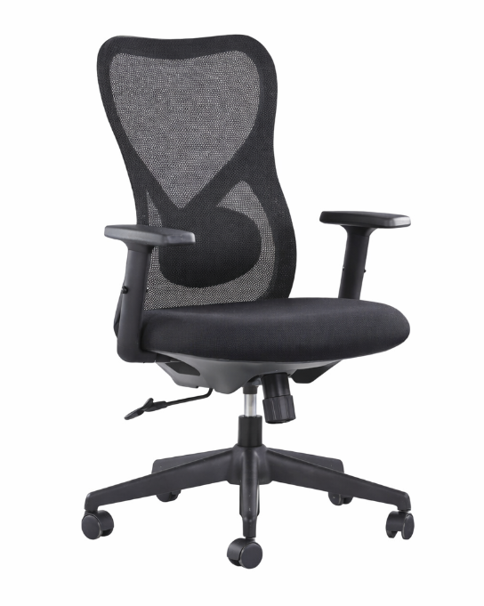 Silla operativa Virtus con respaldo de malla, asiento tapizado y apoyabrazos, vista frontal y trasera.